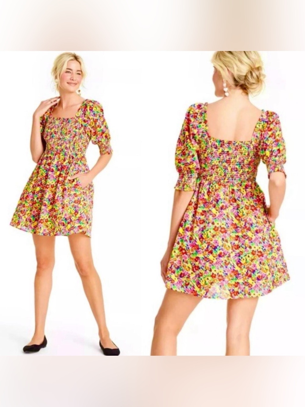 RIXO Women’s Multi Color Floral Smocked 100% Cotton Mini Dress Size Small